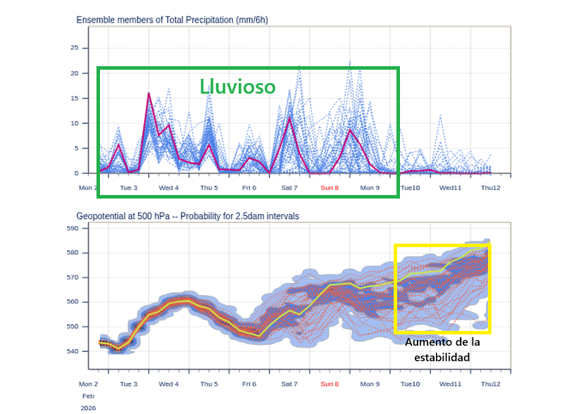 Evolución de la precipitación, arriba, y del geopotencial en 500 hPa, abajo, para Sevilla desde el 2 al 12 de febrero de 2026 según diferentes escenarios de evolución del modelo ENS ECMWF. Se espera que a partir del 11 de febrero el tiempo se estabilice poco a poco. ECMWF