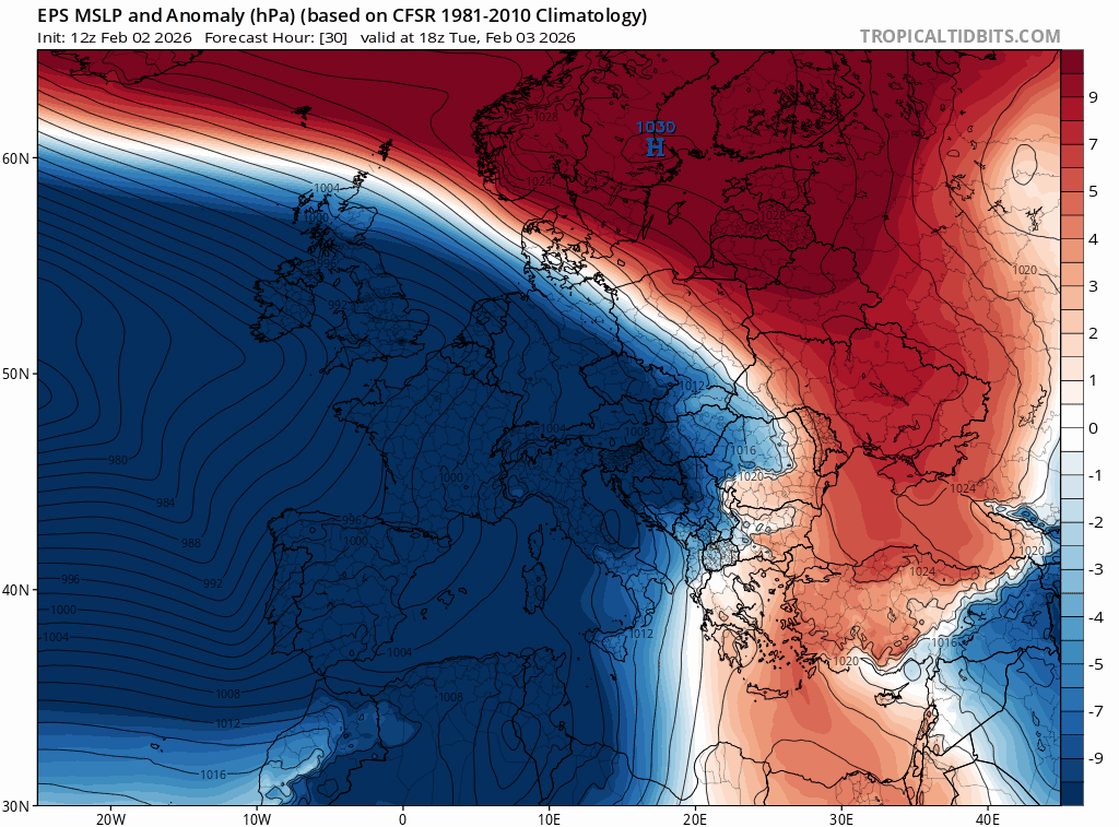 Evolución del campo de presión media en superficie y sus anomalías, según modelo EPS ECMWF, donde se observa un aumento de la estabilidad entrando desde Canarias a partir del 9-10 de febrero. Tropicaltidbits