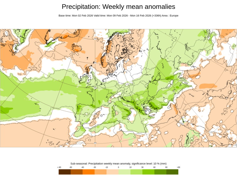 Anomalías semanales de precipitación para la semana del 9 al 15 de febrero de 2026: verdes para anomalías positivas de precipitación y naranjas para negativas. Las señales de anomalías positivas de precipitación,verdes, disminuyen en intensidad en todas las regiones. ECMWF