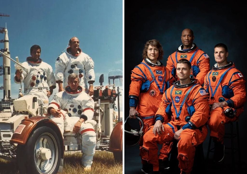 La misión Apolo 17 (a la izquierda) fue la última del programa espacial impulsado por Estados Unidos en la década de los 70. Ahora, la misión Artemis II protagonizará el regreso a la Luna. Créditos: NASA