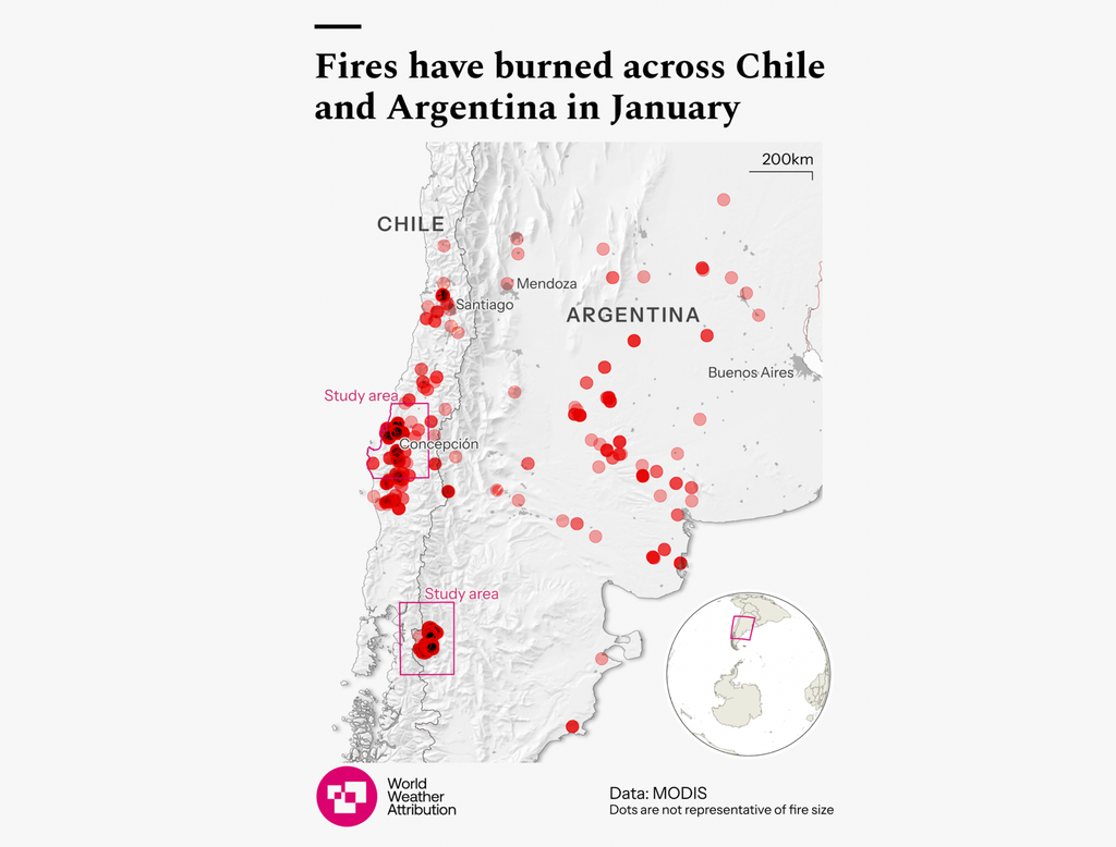 Mapa incendios Incendios activos estudiados. Los puntos rojos marcan los incendios activos del 6 al 20 de enero, según datos de MODIS. El tamaño de los puntos no está a escala. Las dos regiones de estudio se indican con recuadros rosas. Fuente: World Weather Attribution.