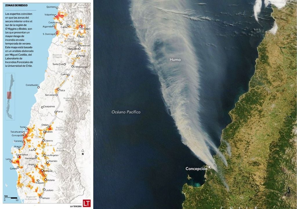 En la imagen, a la izquierda, se observa un mapa de las zonas de riesgo de incendios en Chile, basado en un análisis de Miguel Castillo, del Laboratorio de Incendios Forestales de la Universidad de Chile. A la derecha, una imagen satelital que muestra la traza de humo que dejó el incendio del pasado enero en el centro sur de Chile. Créditos: La Tercera / NASA