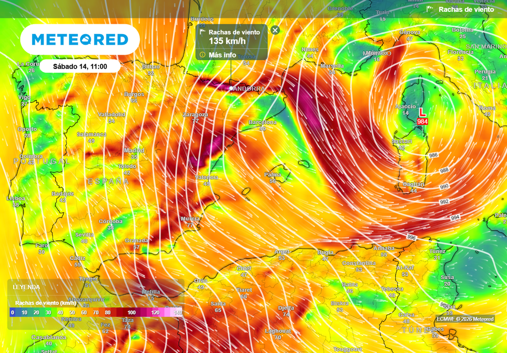 Oriana dejará rachas de viento huracanadas entre el viernes y el sábado en puntos del este peninsular y en zonas altas del Pirineo, según el modelo europeo.