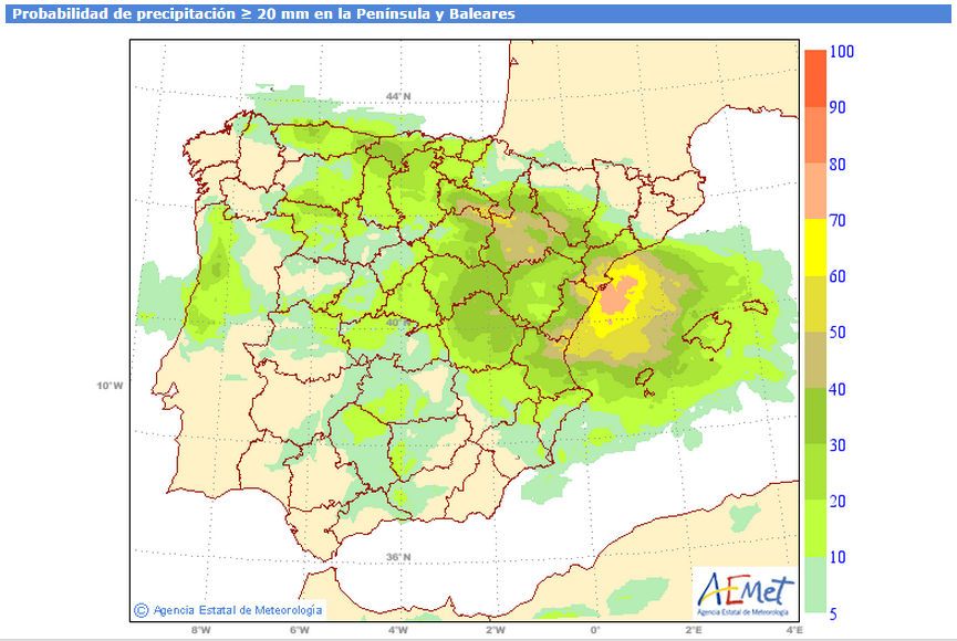Cuando La Precipitación Convectiva Y Profunda Va A Estar Presente… Probabilidad de precipitación de que se superen los 20 mm/24h, en %; según la predicción del modelo probabilista ENS del CEPMP para el lunes 22 de septiembre de 2014.