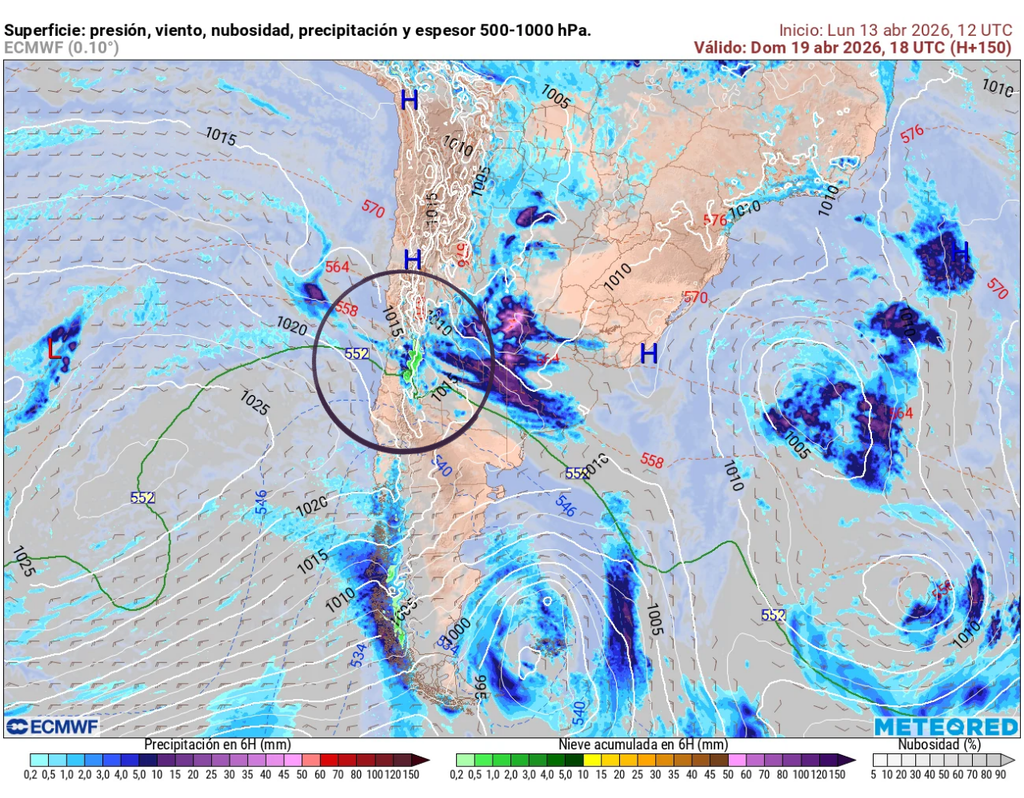 mapa de lluvias. El modelo ECMWF sugiere que las precipitaciones podrían alcanzar de forma débil y localizada a las regiones de Valparaíso y Metropolitana hacia el fin de semana, principalmente en sectores precordilleranos, mientras que en zonas urbanas predominaría la nubosidad con escasas lluvias.