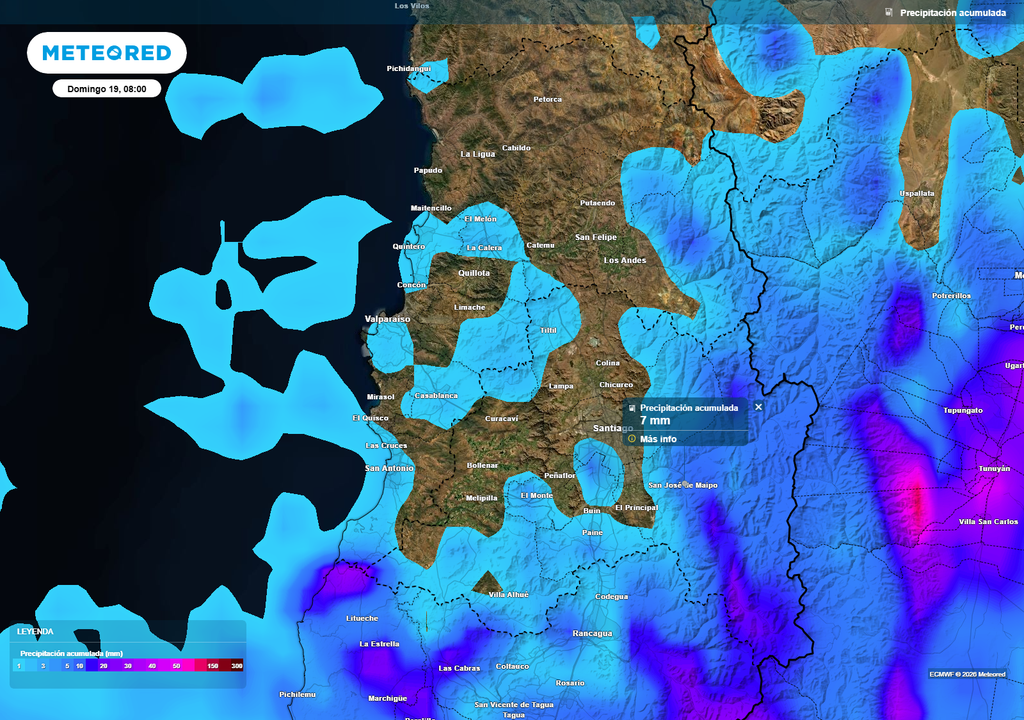 El modelo ECMWF proyecta precipitaciones acumuladas débiles en la Región de Valparaíso y la Metropolitana hacia el domingo, con montos bajos en sectores urbanos y mayores acumulaciones concentradas en la precordillera y cordillera.