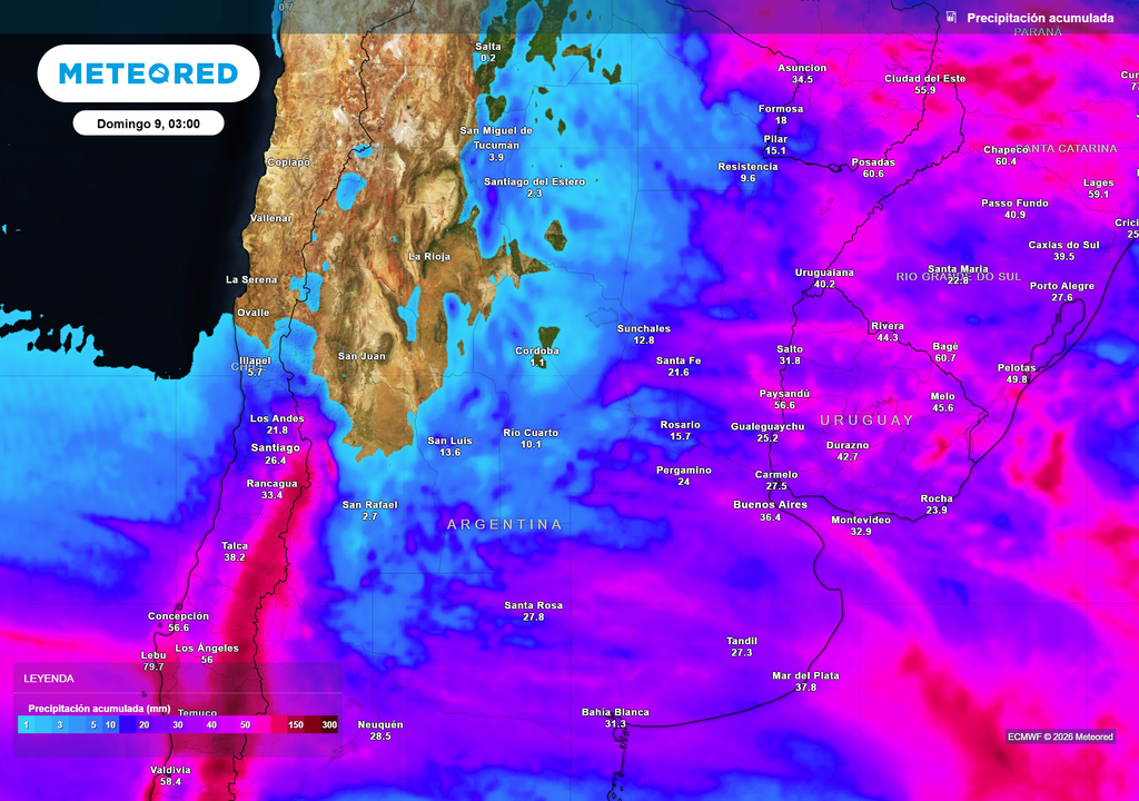 Pronóstico, Clima, Tiempo, Argentina, Pampero Acumulados de lluvia previstos hasta el próximo domingo según nuestro modelo de referencia ECMWF