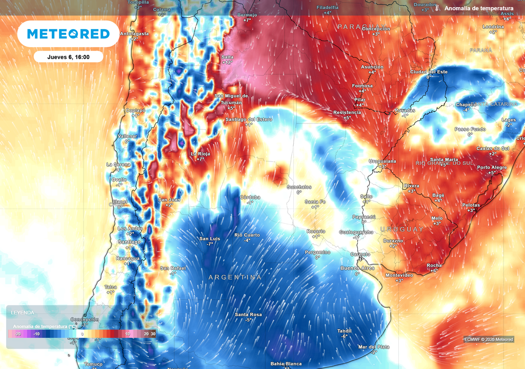 Pronóstico, Clima, Tiempo, Argentina, Pampero Anomalía de temperatura prevista para el próximo jueves según el modelo ECMWF