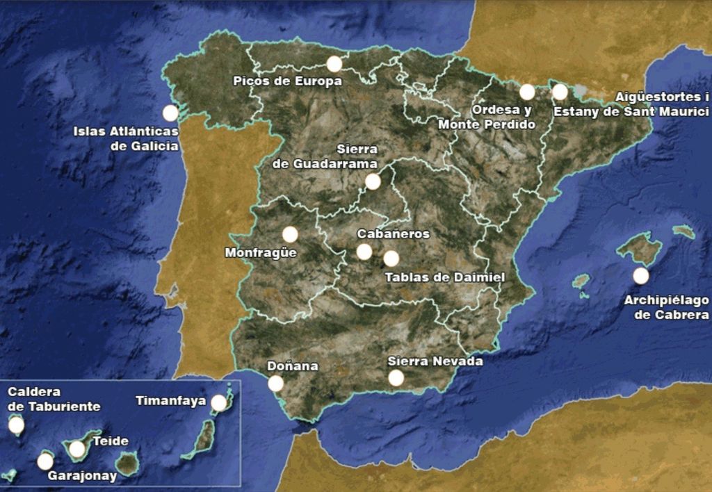 Localización de los 15 Parques Nacionales Españoles. Fuente: MAPAMA. Localización de los 15 Parques Nacionales Españoles. Fuente: MAPAMA.