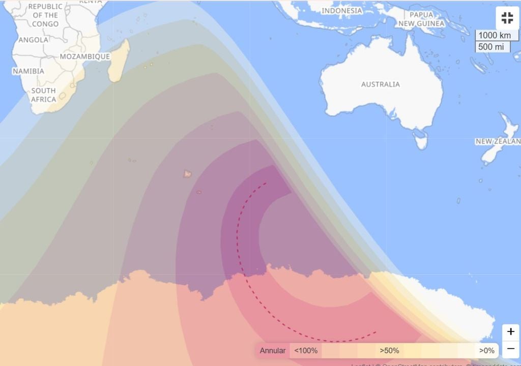 Este 17 de febrero será observado -aunque solo por los pingüinos de la Antártica- un eclipse anular de Sol, cuyo máximo ocurrirá a las 09:12 hora local (Chile). Fuente: Time and Date.