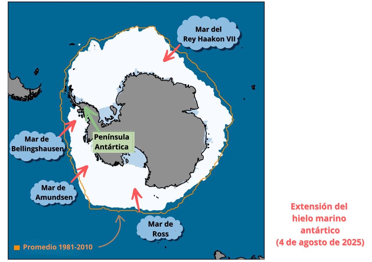 Extensión del hielo marino actual y la extensión histórica promedio en naranja. Imagen creada usando información de Met Office.