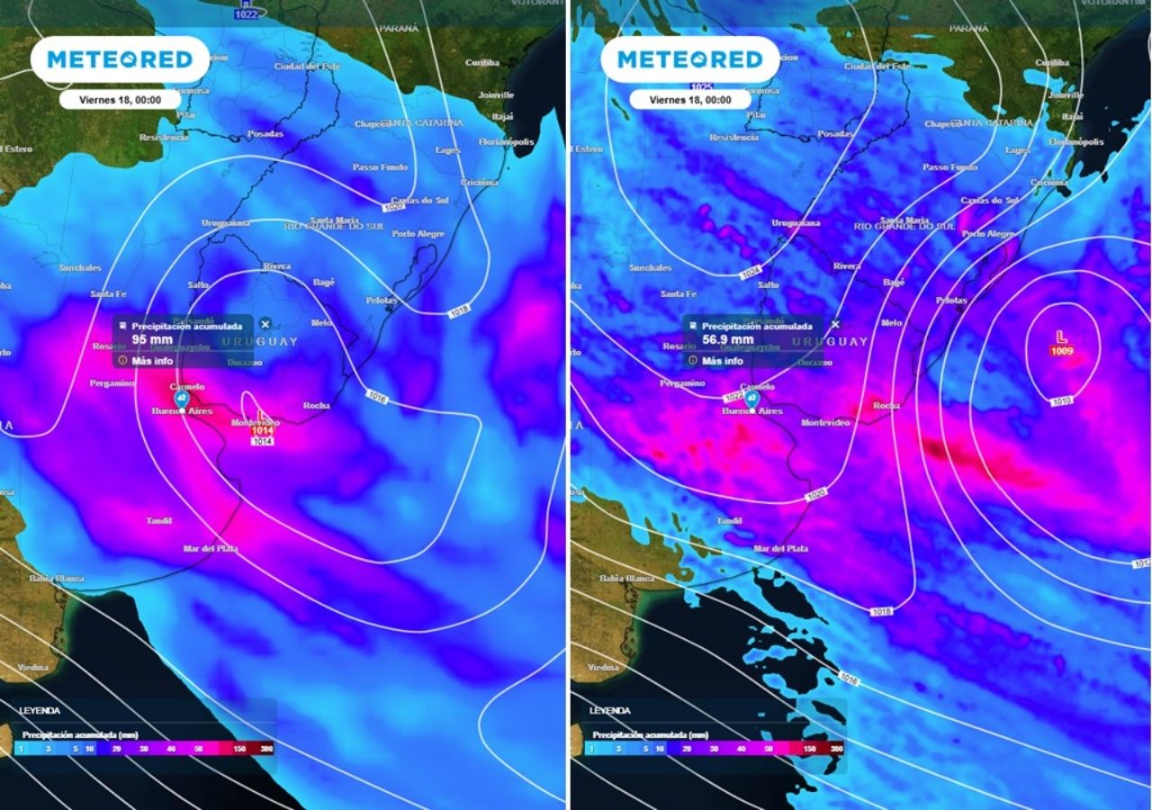 Comparativa de las lluvias totales estimadas esta semana en Buenos Aires y alrededores, según el modelo GFS (izquierda) y el modelo europeo (derecha).
