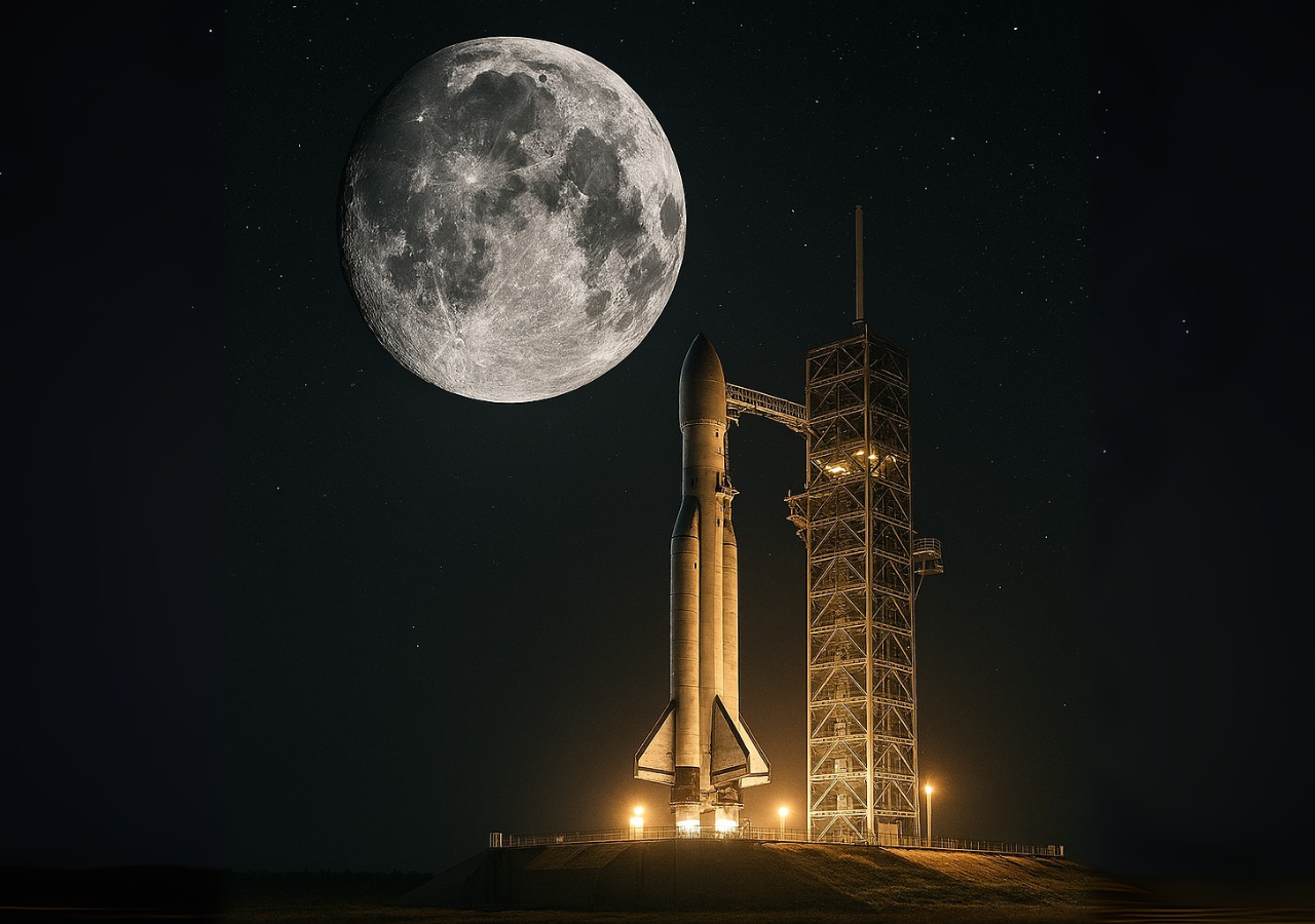 Una mirada al cielo desde nuestro rincón del mundo: el cohete espera, la Luna llama, y el deseo de explorar nos une bajo las estrellas. Imagen de referencia.
