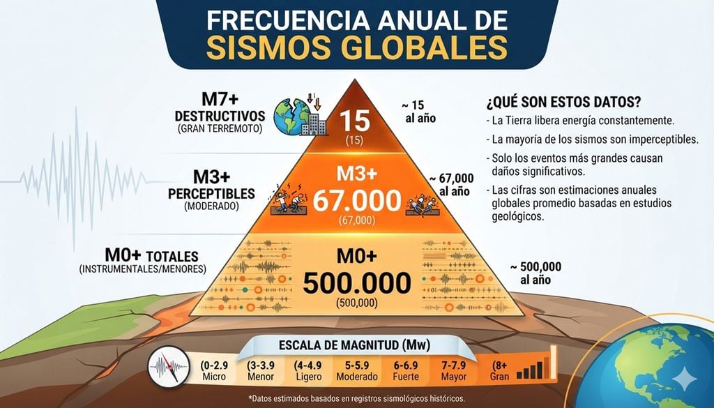 Frecuencia sismos Pirámide de magnitudes de sismos registrados globalmente al año.