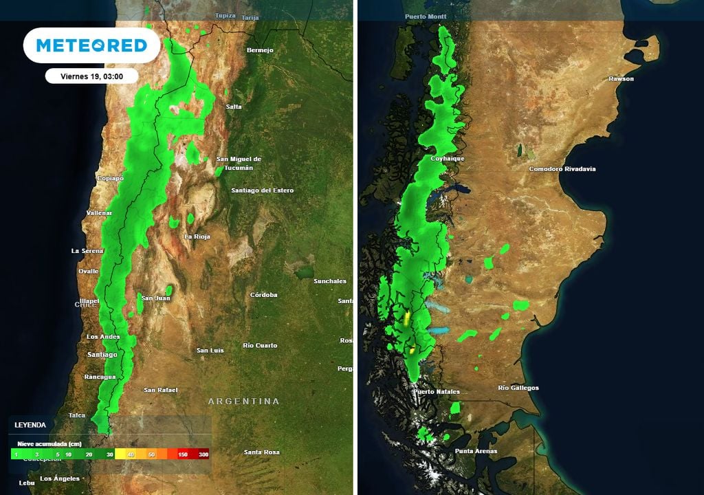 Nevadas argentina Acumulación de nieve hasta la madrugada del viernes, prevista por nuestro modelo de referencia (ECMWF)