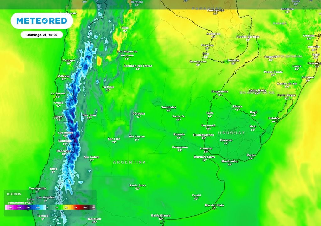 Temperaturas domingo Estas serán las temperaturas al mediodía del primer dia del invierno, el domingo 21: el aire frío se establece otra vez sobre el centro de Argentina