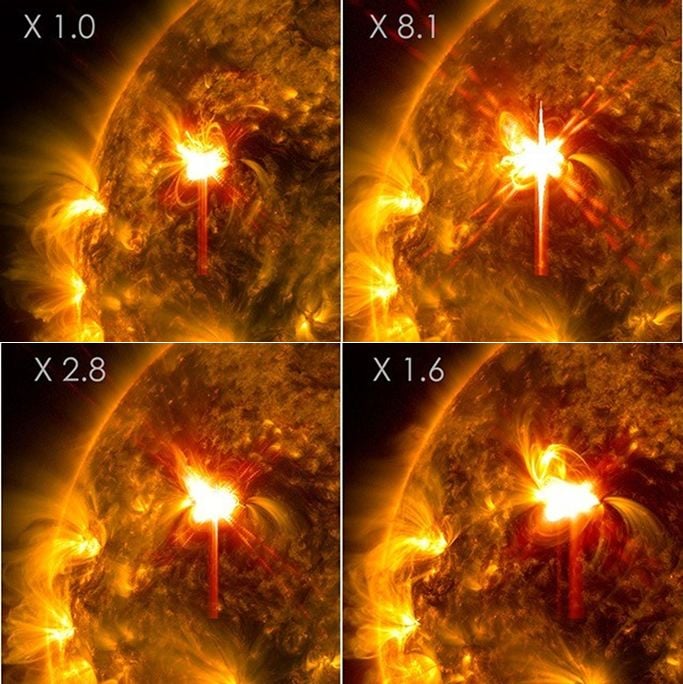 El Observatorio SDO de la NASA capturó estas imágenes de las erupciones solares — visibles como intensos destellos brillantes en el centro de las imágenes — los días 1 y 2 de febrero de 2026. Las imágenes muestran una porción del espectro de luz ultravioleta extrema, que resalta el material extremadamente caliente presente en las erupciones y que ha sido coloreado en tonos dorados y rojos. Crédito: NASA/SDO