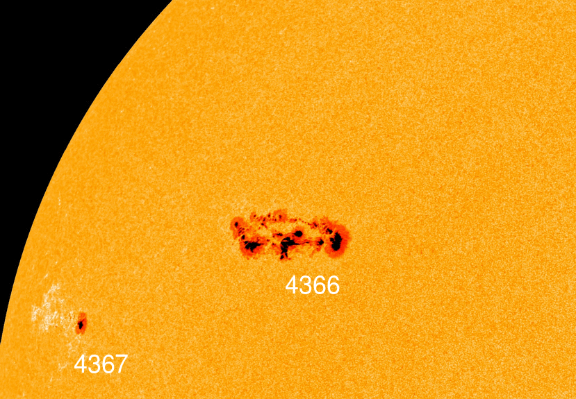 La mancha solar AR4366 crece muy rápidamente y representa una amenaza para las erupciones solares de clase X a fecha de 2 de febrero de 2026. La mancha solar gigante 4366 es una fábrica de erupciones solares. Crédito: NASA/SDO