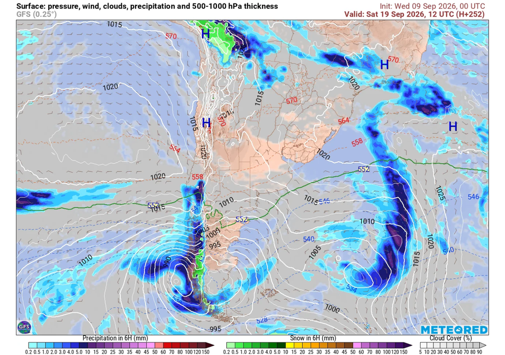 Pronóstico de Meteored para Fiestas Patrias en Chile Precipitación (mm) para la mañana del sábado 19 de septiembre 2026 en Chile.