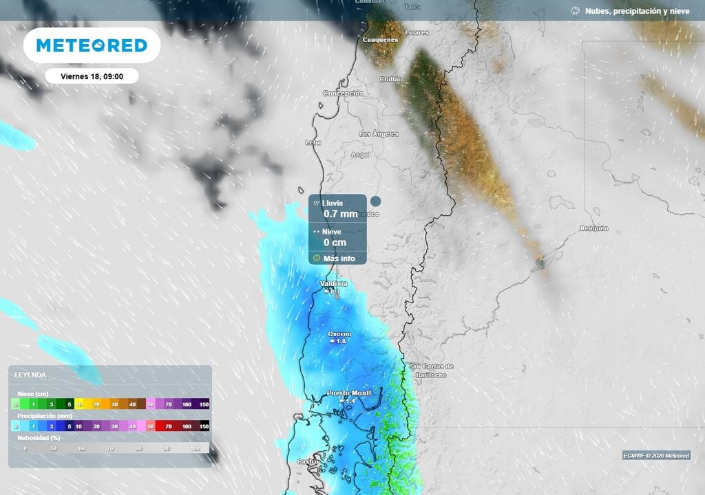 Fiestas Patrias 2026 con lluvias en el centro-sur de Chile, pronóstico de Meteored Precipitación (mm) para la mañana del viernes 18 de septiembre en Chile centro-sur.