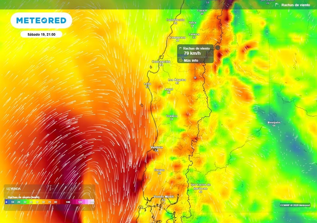 Fiestas Patrias 2026 con lluvias en el centro-sur de Chile, pronóstico de Meteored Rachas de viento (km/h) para la noche del sábado 19 de septiembre en Chile centro-sur.