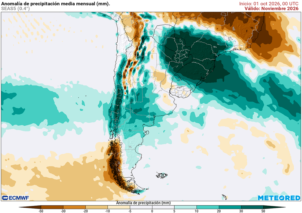 Anomalía de precipitaciones para el mes de noviembre según nuestro modelo de referencia el ECMWF