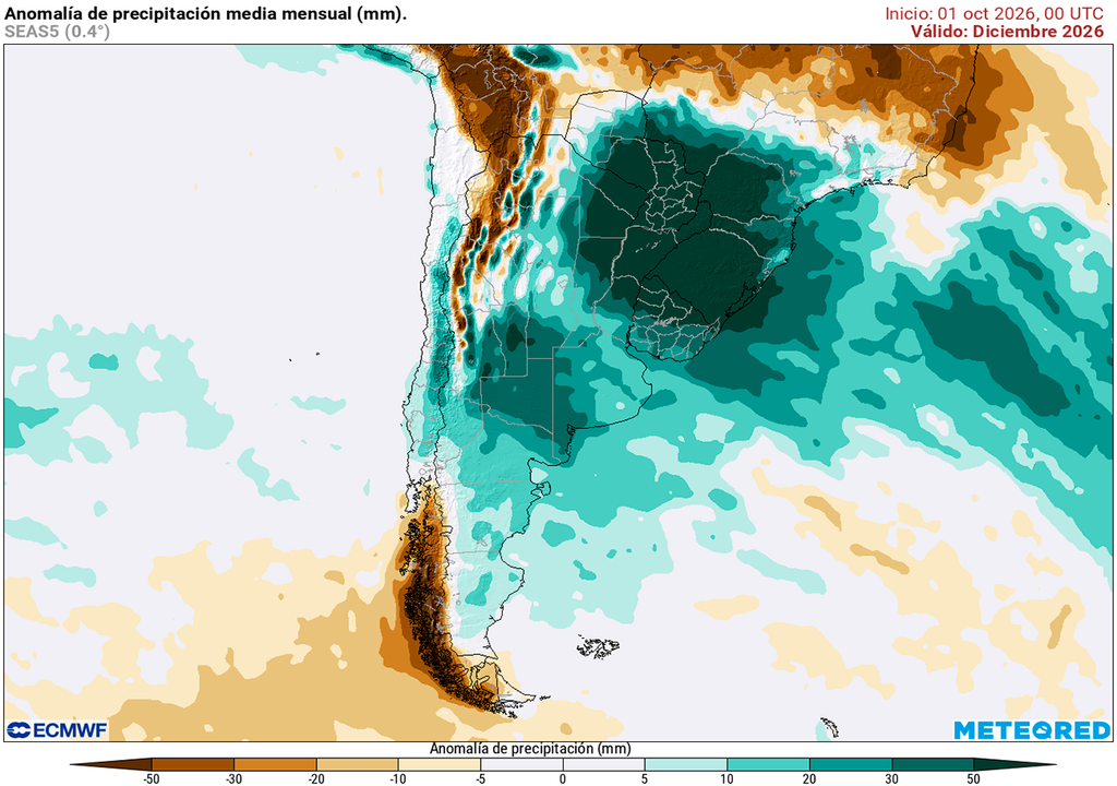 Anomalía de precipitaciones para el mes de diciembre según nuestro modelo de referencia el ECMWF