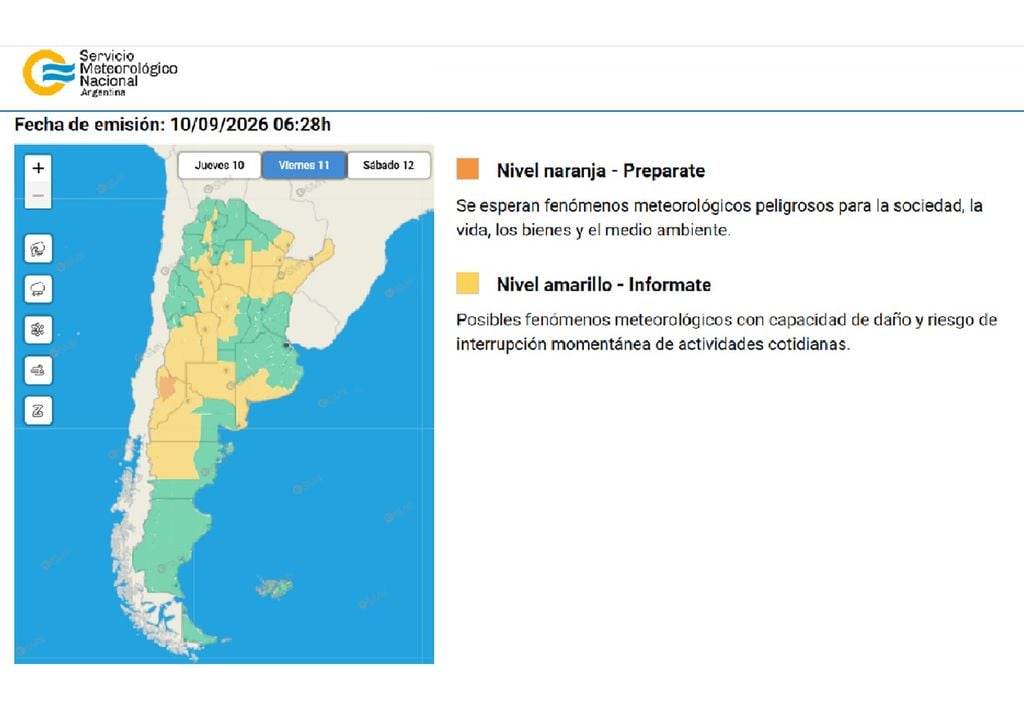 mapa de alertas SMN Mapa de alertas para el viernes 11 en Argentina, incluye: tormentas, ráfagas, nevadas, lluvias y Zonda. Créditos: SMN