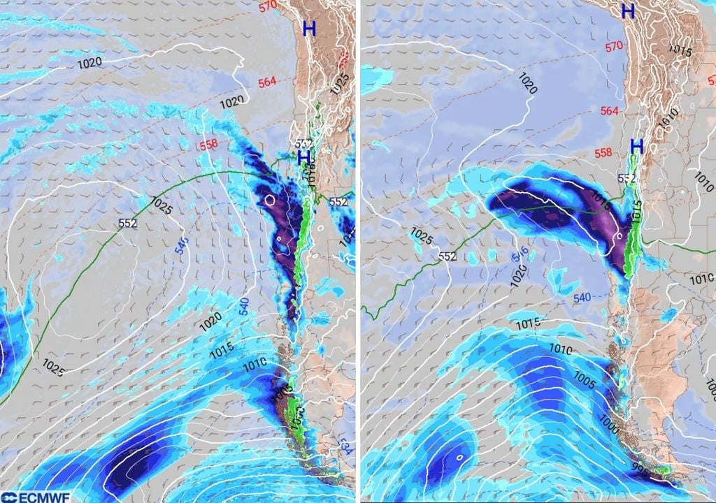 A la izquierda el modelo ECMWF prevé lluvias importantes desde el miércoles en Santiago, mientras el GFS (imagen derecha) también prevé precipitaciones aunque en las primeras horas dej jueves (11).