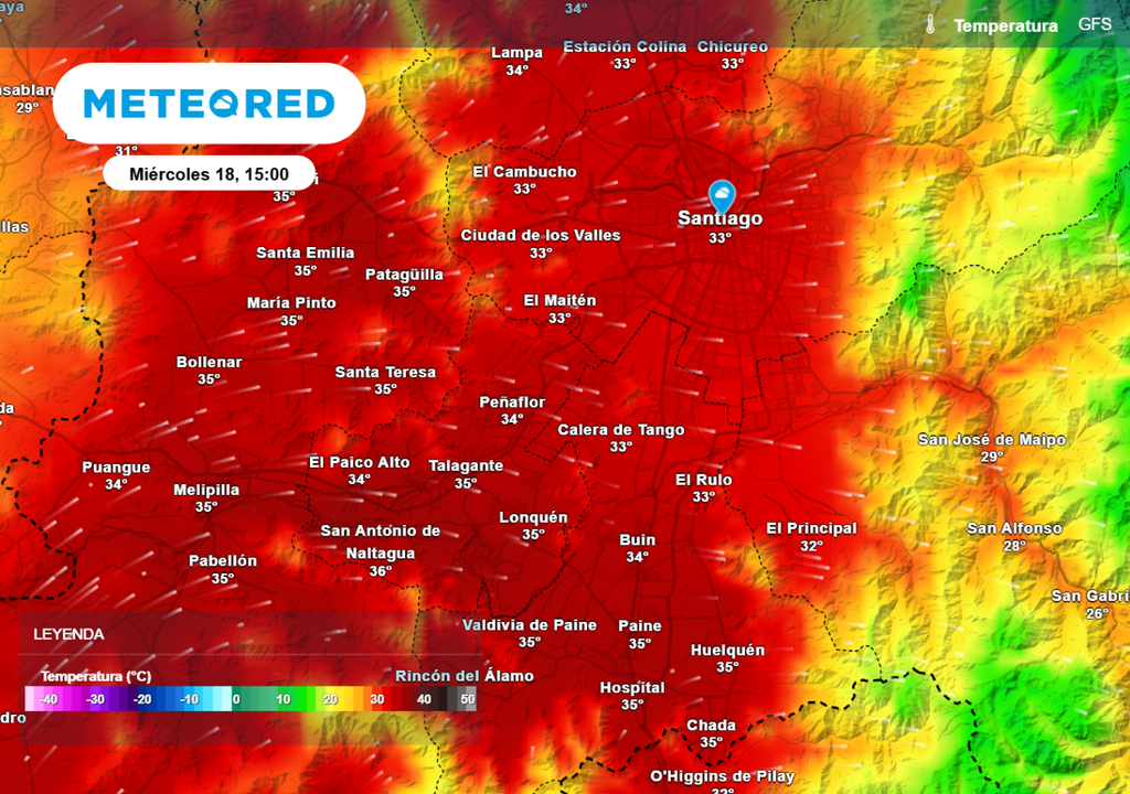 GFS Valores de temperatura máxima el próximo miércoles podrían acercarse a los 37 °C en la RM.