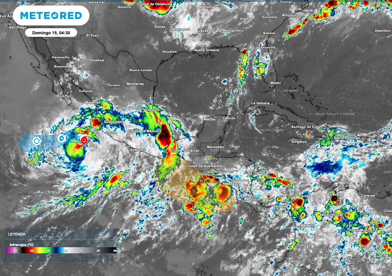 La imagen satelital infrarroja, muestra la nubosidad convectiva asociada a la TT Dalila, que actualmente se encuentran entre las Islas Marías y el Archipiélago de Revillagigedo.
