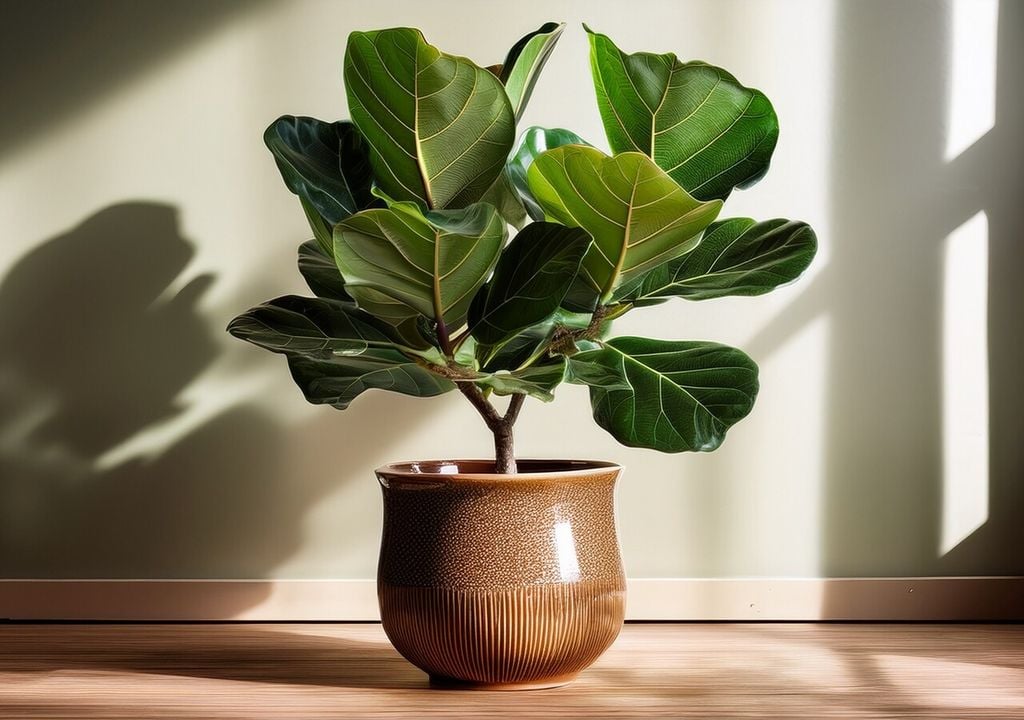 El Ficus lyrata destaca por sus grandes hojas brillantes y su porte vertical, ideal para interiores luminosos.