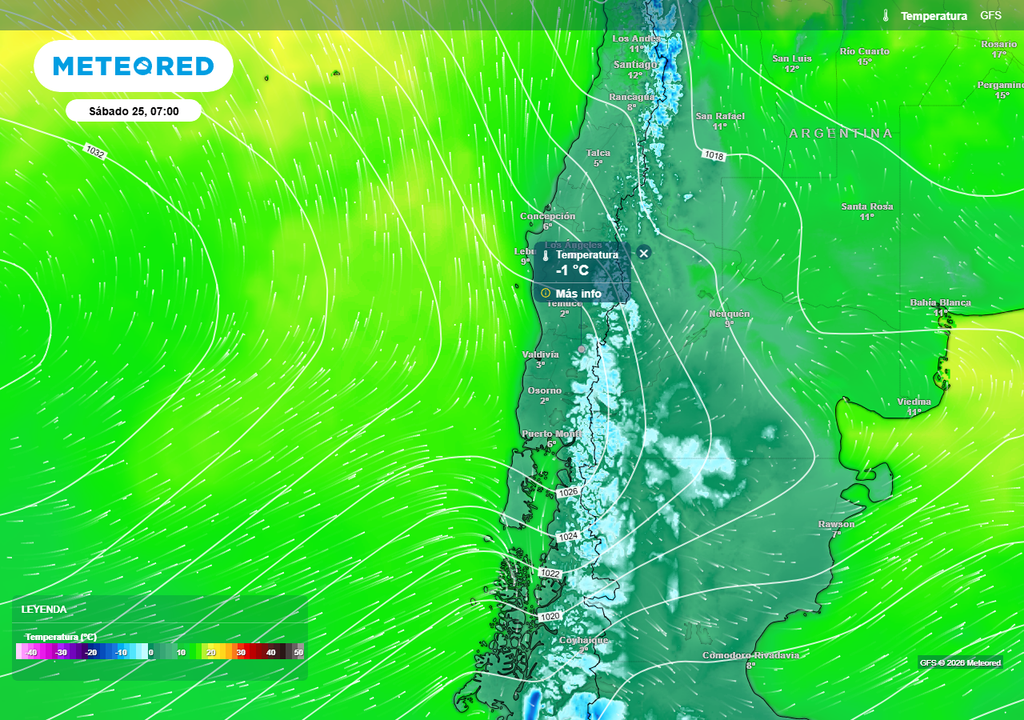Temperatura mínima (°C) para el sábado 25 de abril 2026 en Chile centro-sur.