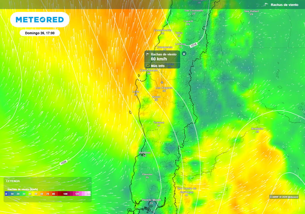 Rachas de viento (km/h) para la tarde del domingo 26 de abril 2026 en Chile centro-sur.