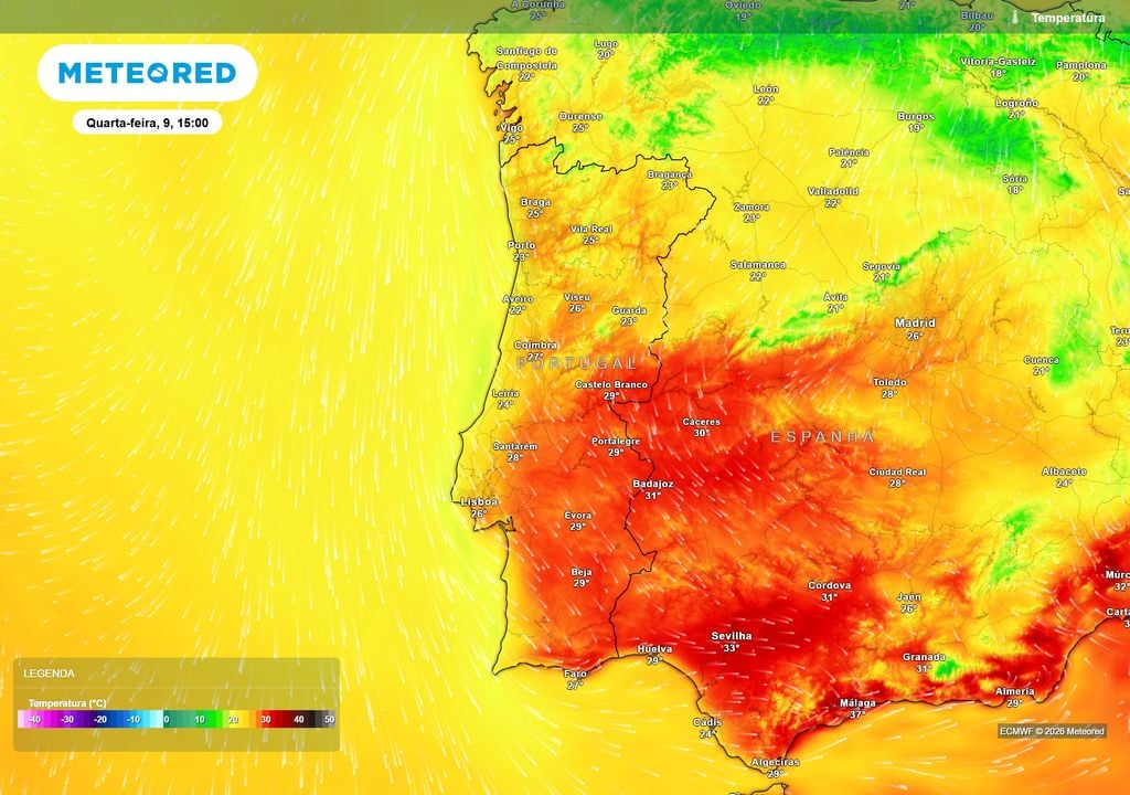 O dia 9 ainda será marcado por temperaturas relativamente próximas da média climatológica, com um contraste evidente entre o litoral mais fresco e o interior mais quente.