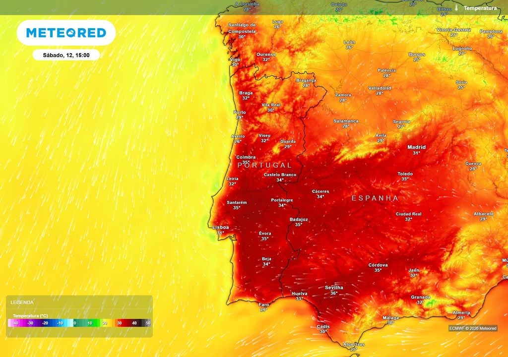O calor torna-se generalizado no sábado, com grande parte do território a aproximar-se ou ultrapassar os 30 ºC. No Vale do Tejo, alguns locais poderão chegar perto dos 38 ºC.