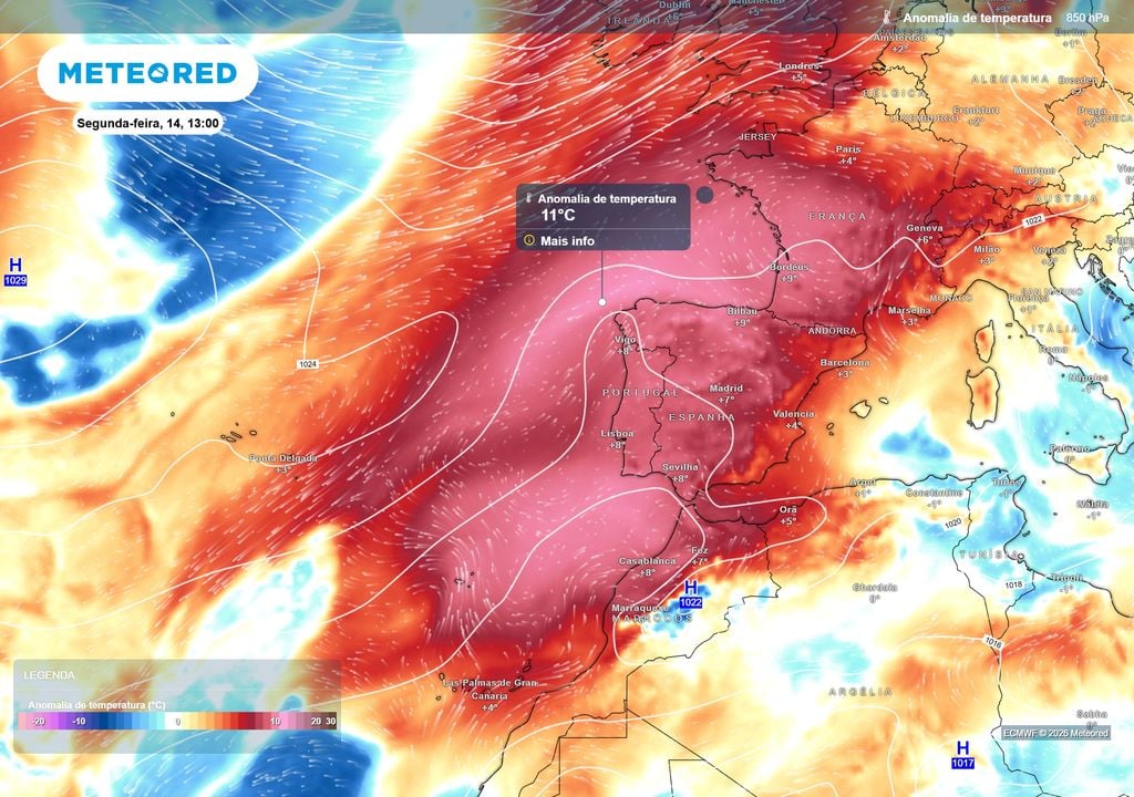 As anomalias em altitude poderão rondar os +8 ºC em Portugal e superar os +10 ºC noutros pontos da Península Ibérica, mostrando quão anormalmente quente será esta massa de ar para meados de setembro.