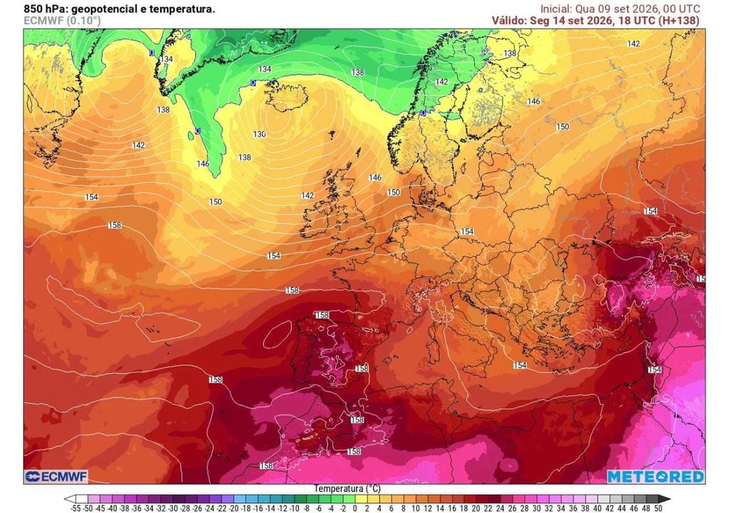 Uma massa de ar muito quente ocupa grande parte da Península Ibérica e estende-se em direção a França. Esta configuração em altitude ajuda a explicar a intensificação do calor à superfície.
