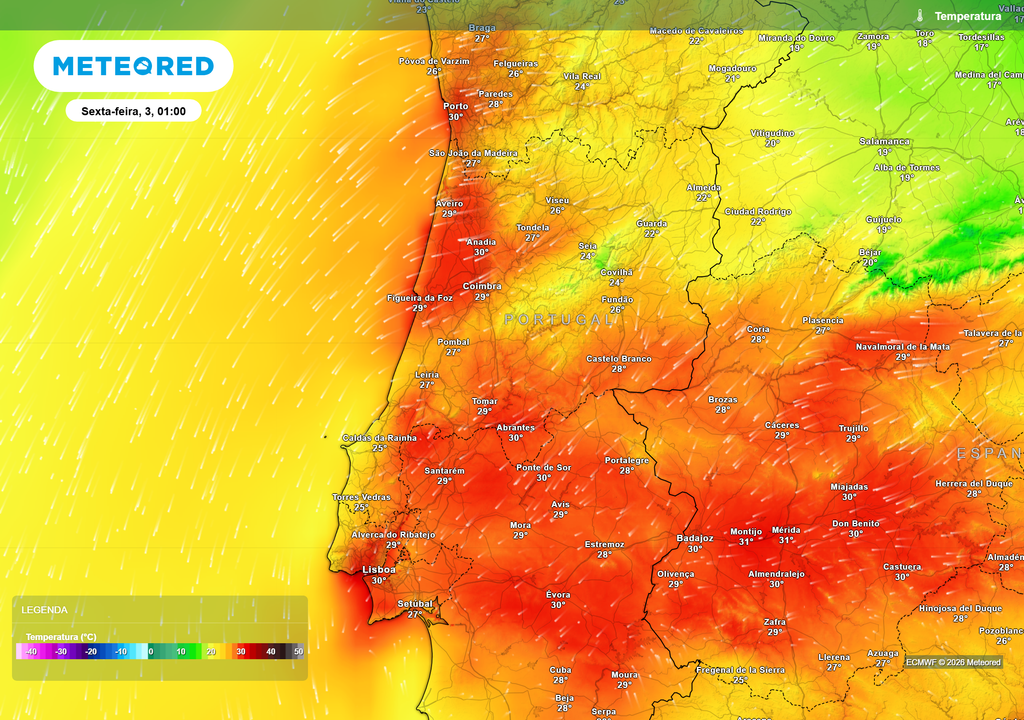 A madrugada de sexta-feira será excecionalmente quente, com cidades como Lisboa e Porto ainda próximas dos 30 ºC por volta da 01h00.
