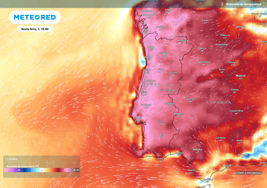 O calor será particularmente anómalo junto ao litoral, onde as temperaturas poderão situar-se entre 12 e 15 ºC acima da média climatológica para o início de julho.