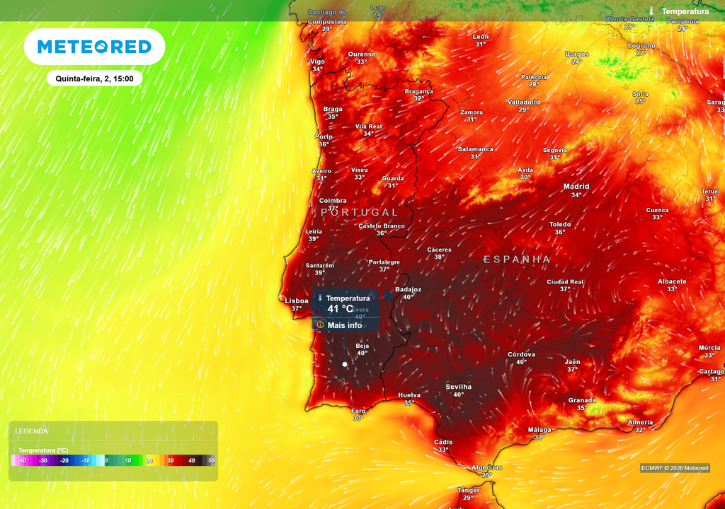 Quinta-feira (2) já será um dia muito quente, com temperaturas entre 40 e 41 ºC em vários locais do Alentejo e Vale do Tejo.