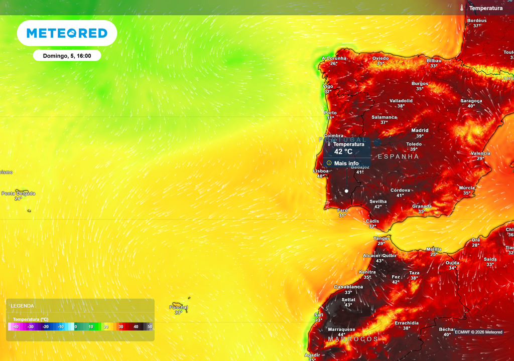 O centro e sul de Portugal apresentam uma assinatura de temperaturas à superficie com características muito semelhantes às do Norte de África, evidenciando a intensidade e persistência deste episódio de calor extremo.