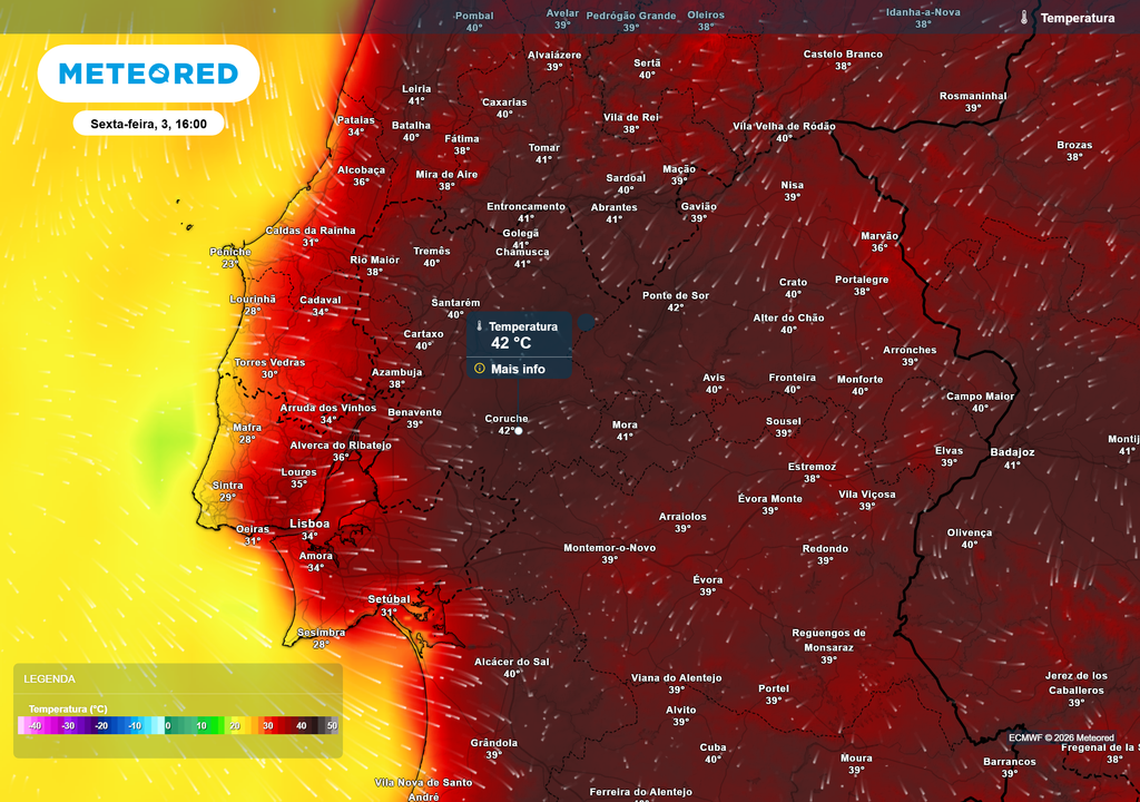 temperatura do ar à superfície Apesar de outros distritos, para além dos que estão descritos nesta previsão, poderem atingir a marca dos 40 ºC, os que trazemos aqui poderão registar mais dias consecutivos com estes valores.