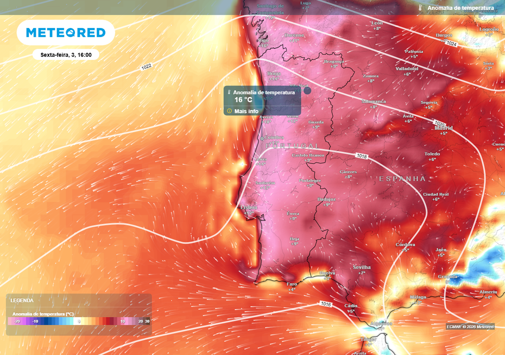 O efeito de “forno ibérico” será potenciado pela presença de uma cúpula de calor. Esta situação dará origem a temperaturas muito elevadas durante vários dias consecutivos em Portugal continental. À superfície, preveem-se temperaturas geralmente entre 8 e 12 ºC acima da média, com alguns locais a poderem atingir anomalias de +15 ou +16 ºC.
