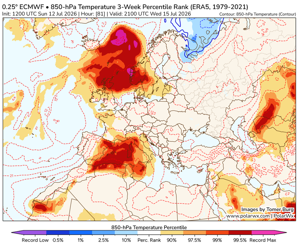 Domos de calor previsto para el 15 de julio de 2026 tomando como referencia básica: arriba, el mapa de geopotencial en 500 y sus anomalías extraordinarias en color rojo y fucsia, y abajo, el mapa de temperaturas en 850 hPa/1500 m aprox., con sus altas anomalías en rojo y fucsia. Destacan las zonas del oeste de Escandinavia y las asociadas a la cuenca mediterránea en su parte occidental y central.Fuente: Tomer Burg