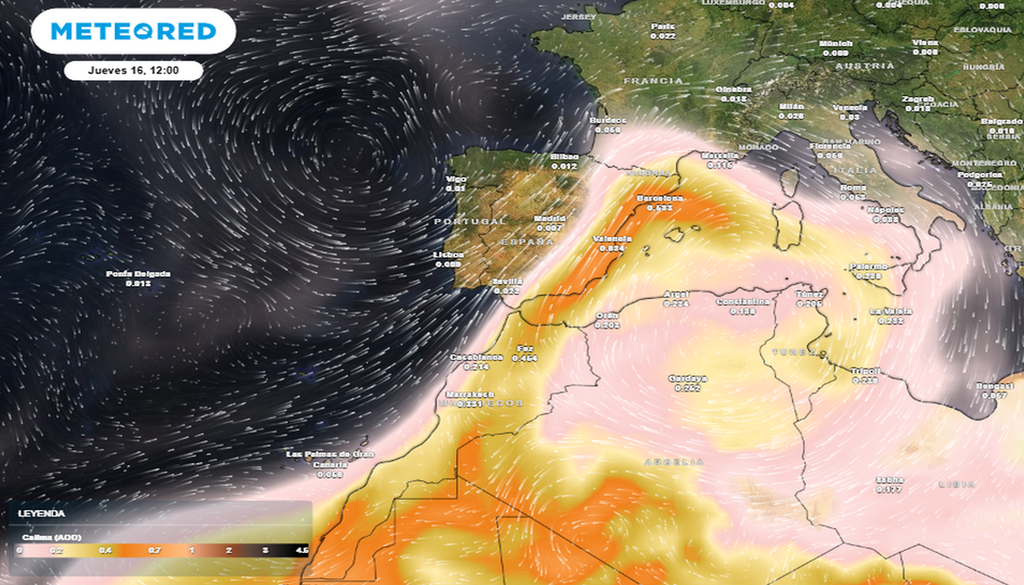 Calima prevista por el modelo ECMWF para el 16 de julio de 2026 en escala de colores. Tiempo.con