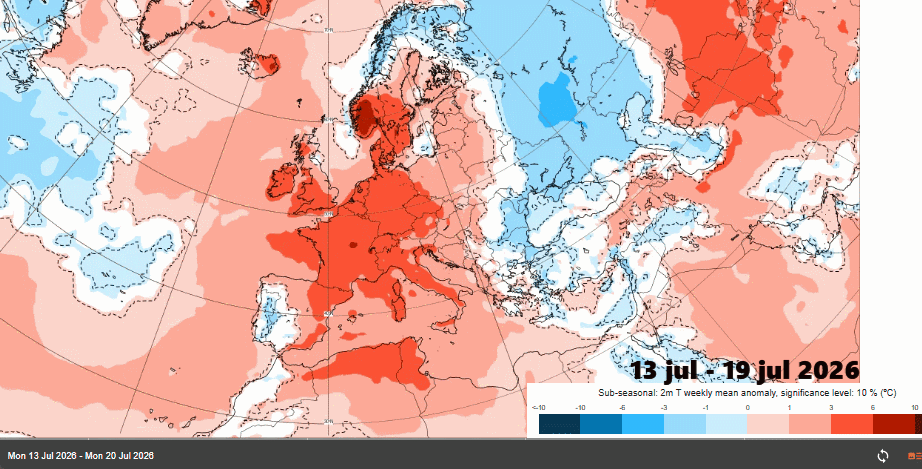 Anomalías semanales de la temperatura a 2 m: cálidas en escala de rojos y fría en escala de azules. Fuente: ECMWF