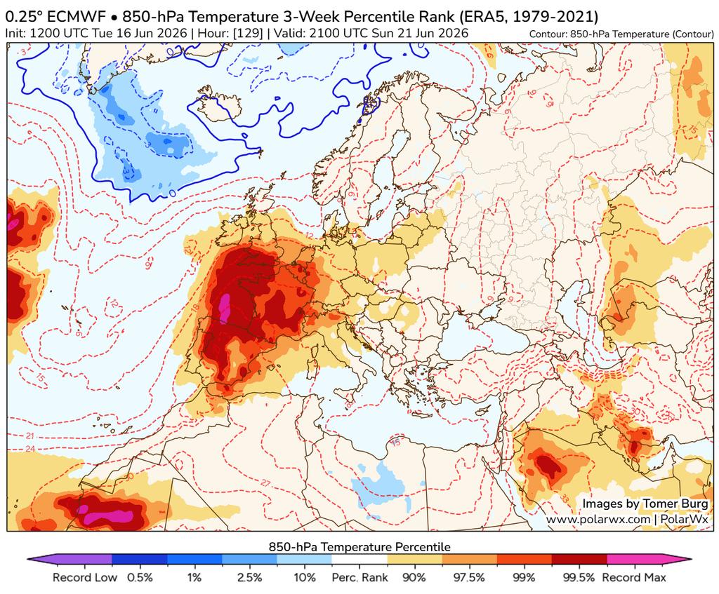 La dorsal en altura, 500 hPa, va a adquirir valores de récord para época, zonas en rojo-fucsia en mapa de arriba, al igual que las temperaturas a 850 hPa /1.500 m aprox. para el día 21 de junio de 2026, domingo. Fuente: Tomer Burg