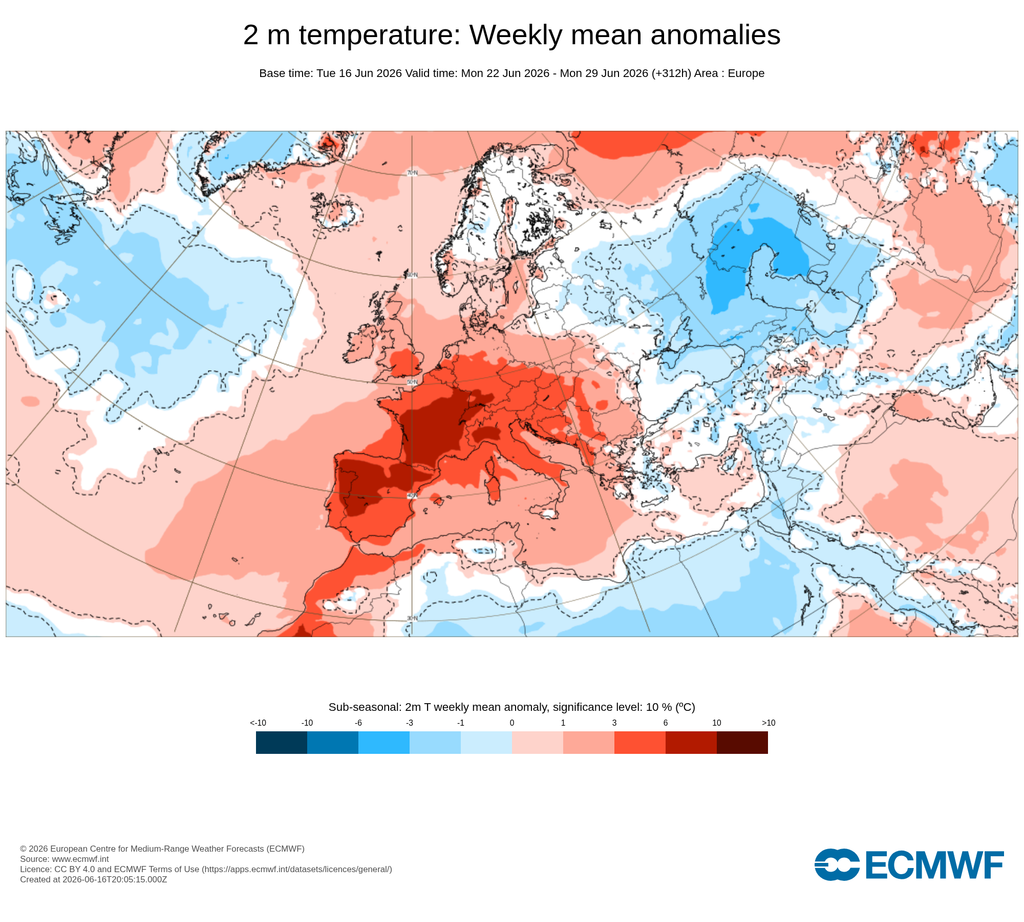 Anomalías de temperatura para la semana del 22 al 28 de junio de 2026: cálidas en escala de rojos y frías en escala de azules. ECMWF