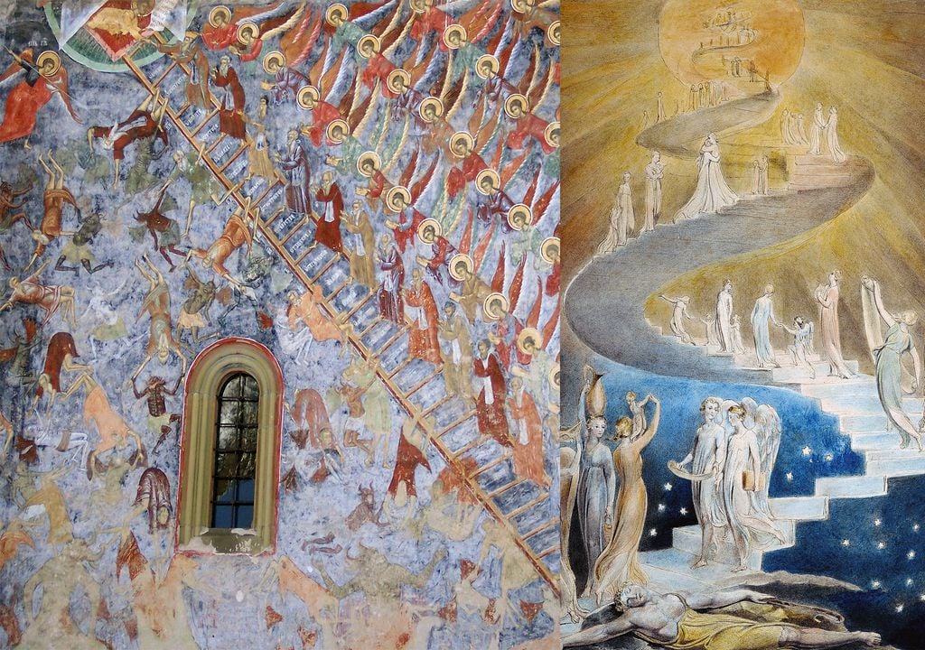 Parte de las pinturas de la “Escalera del Paraíso o del Juicio Final”, Monasterio de Sucevita (izquierda) y de la “Escalera de Jacob” de William Blake.